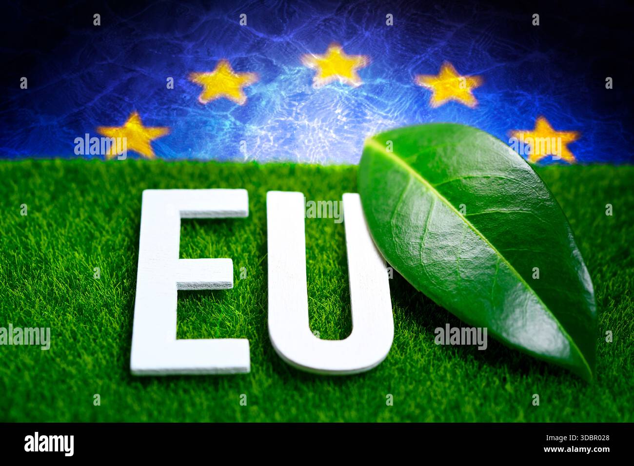 Lettrage UE avec feuille, photo symbolique pour les objectifs climatiques dans l'UE, photomontage Banque D'Images