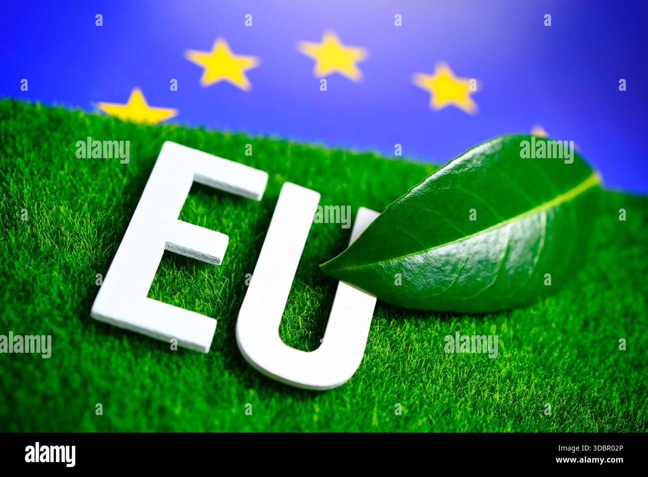 Lettrage UE avec feuille, photo symbolique pour les objectifs climatiques dans l'UE, photomontage Banque D'Images