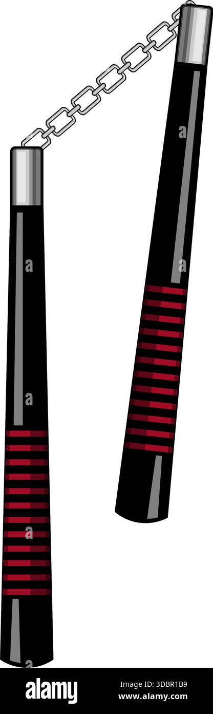 Arme d'arts martiaux Nunchaku avec poignée noire et rouge Illustration de Vecteur