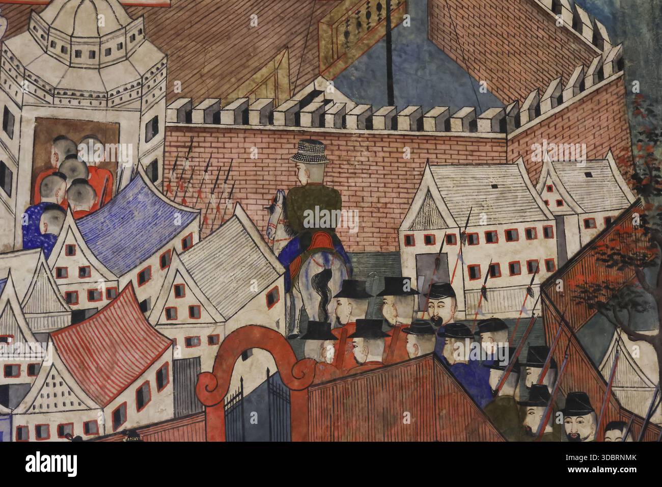 Illustration historique détaillée de la ville médiévale fortifiée avec murs de briques rouges et patrouille de soldats marchant en formation près des maisons du village, e Banque D'Images