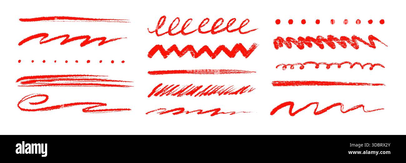 Soulignez en rouge les traits de pinceau et les repères de crayon ensemble d'éléments d'accentuation. Marques de crayon à craie texturées, griffonnages au crayon, lignes de couleur rouge. Le contour de pinceau de texture de crayon met en évidence les formes. Illustration vectorielle Illustration de Vecteur