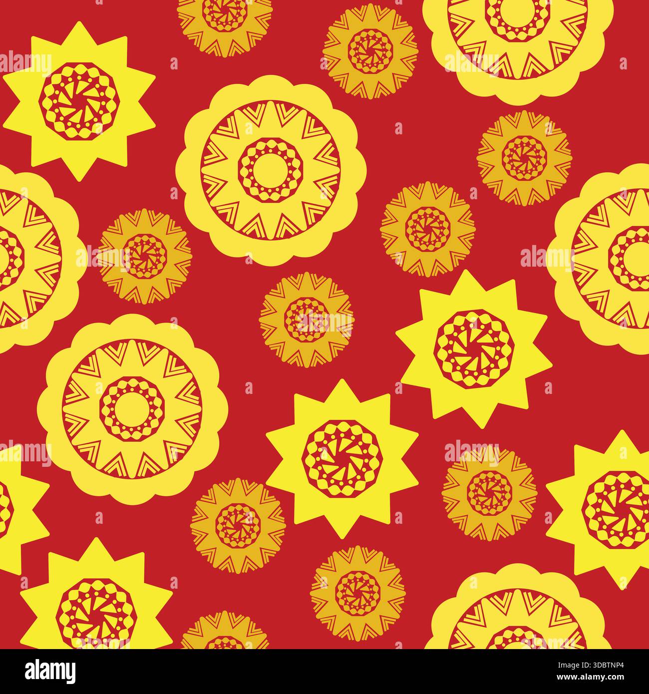 Conception pour Noël avec des motifs jaunes et un motif sans couture de fond rouge ; flocons de neige abstraits sur fond doré; Illustration de Vecteur