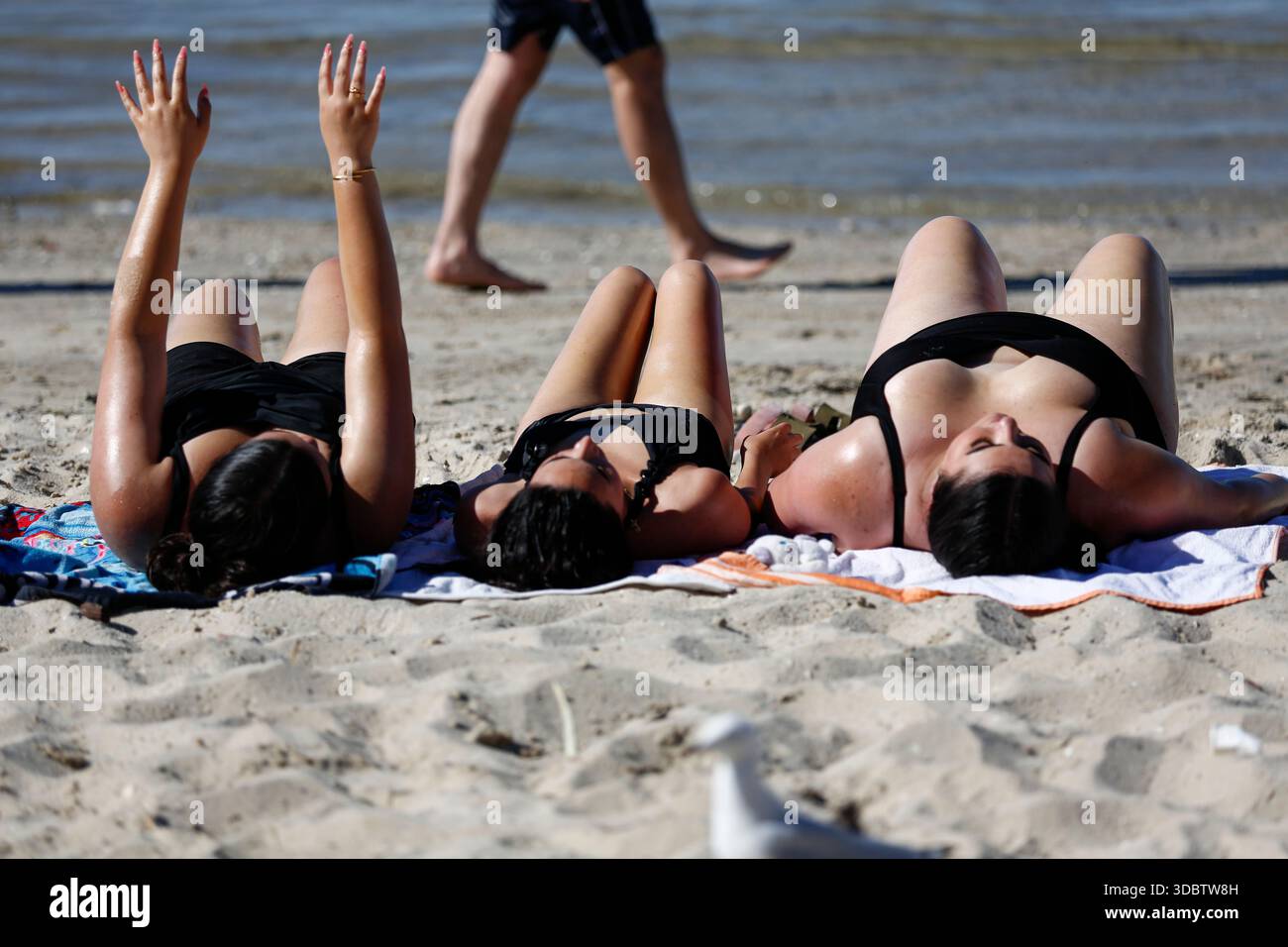 Geelong, Australie. 18 décembre 2025. Trois femmes sont vues allongées sur le sable en train de bronzer à Geelong Beach par temps chaud. Les gens se rassemblent à Geelong Beach alors que Victoria subit une chaleur extrême, Melbourne atteignant un maximum de 36 °C aujourd'hui. Les conditions chaudes devraient se poursuivre, Melbourne devrait atteindre environ 33 °C demain. Le Bureau of Meteorology a émis un avertissement de vague de chaleur grave pour Victoria, conseillant aux résidents de rester hydratés, de limiter l'exposition au soleil et de suivre les directives sur la chaleur et la santé. Crédit : SOPA images Limited/Alamy Live News Banque D'Images