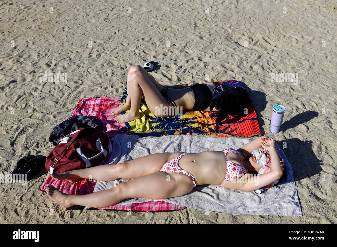 Geelong, Australie. 18 décembre 2025. Deux femmes sont vues bronzer sur le sable à Geelong Beach par temps chaud. Les gens se rassemblent à Geelong Beach alors que Victoria subit une chaleur extrême, Melbourne atteignant un maximum de 36 °C aujourd'hui. Les conditions chaudes devraient se poursuivre, Melbourne devrait atteindre environ 33 °C demain. Le Bureau of Meteorology a émis un avertissement de vague de chaleur grave pour Victoria, conseillant aux résidents de rester hydratés, de limiter l'exposition au soleil et de suivre les directives sur la chaleur et la santé. Crédit : SOPA images Limited/Alamy Live News Banque D'Images