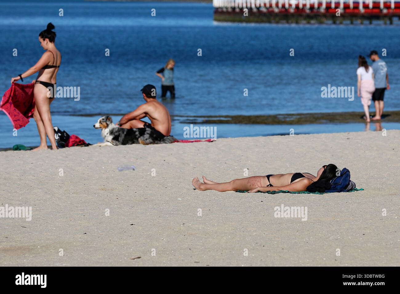 Geelong, Australie. 18 décembre 2025. Une femme est allongée sur le sable en train de bronzer à Geelong Beach par temps chaud. Les gens se rassemblent à Geelong Beach alors que Victoria subit une chaleur extrême, Melbourne atteignant un maximum de 36 °C aujourd'hui. Les conditions chaudes devraient se poursuivre, Melbourne devrait atteindre environ 33 °C demain. Le Bureau of Meteorology a émis un avertissement de vague de chaleur grave pour Victoria, conseillant aux résidents de rester hydratés, de limiter l'exposition au soleil et de suivre les directives sur la chaleur et la santé. Crédit : SOPA images Limited/Alamy Live News Banque D'Images