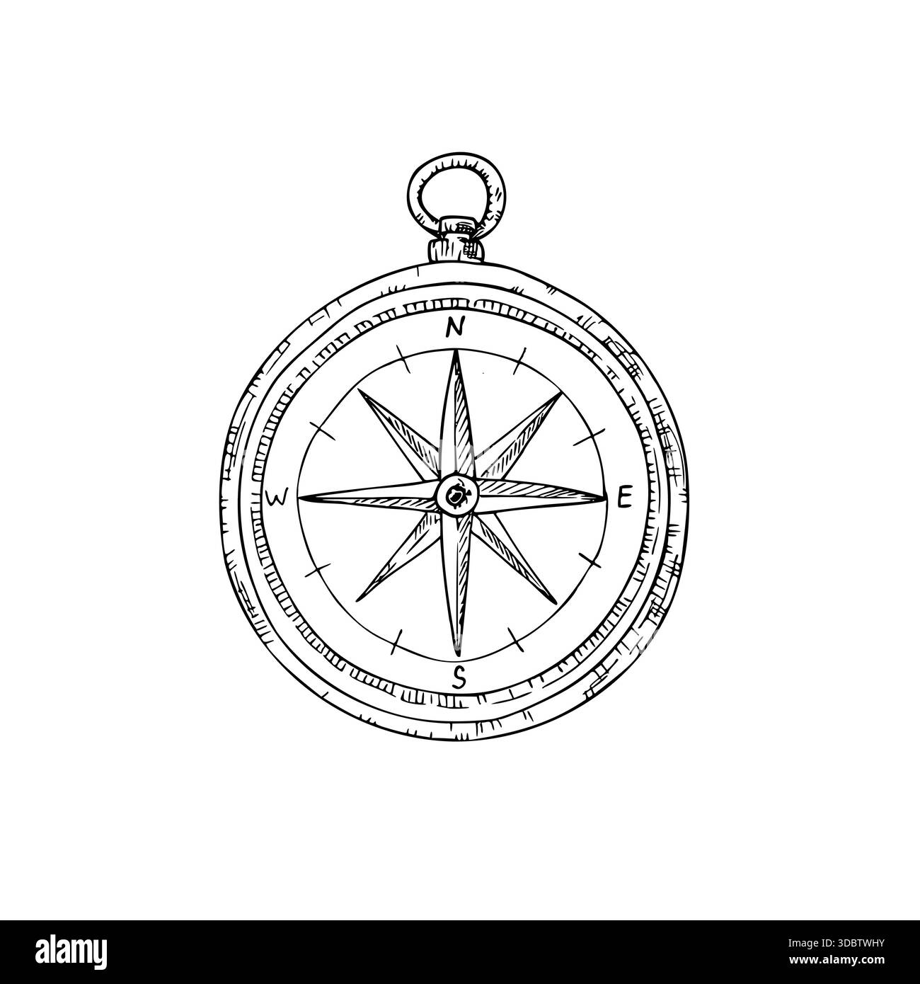 Boussole marine de navigation vectorielle. Illustration de rose du vent nautique linéaire peinte à la main. Croquis monochrome graphique isolé sur fond. Pour les concepteurs Illustration de Vecteur