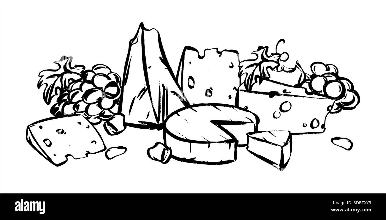 Une composition vectorielle de différents fromages et raisins. Fromage suisse avec trous, camembert mou, parmesan, brie, gouda, et Cheddar. Un accord de vin. Il imite un dessin rapide à l'encre et au pinceau. Illustration de Vecteur