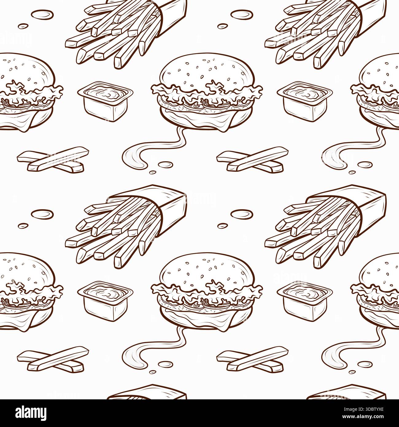 Un motif sans couture avec des hamburgers, des frites, des sauces et divers éléments de restauration rapide, créé à l'aide d'un style numérique de contour avec gravure subtile. Illustration de Vecteur