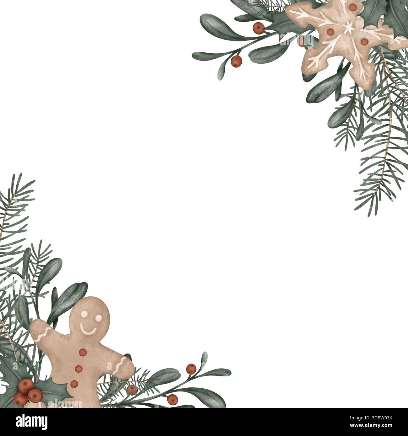 Illustration aquarelle de cadre carré avec branches de pin, sapin. Carte postale pour houx et baies rouges et pain d'épices de biscuit sucré. Dessiné à la main neuf Banque D'Images