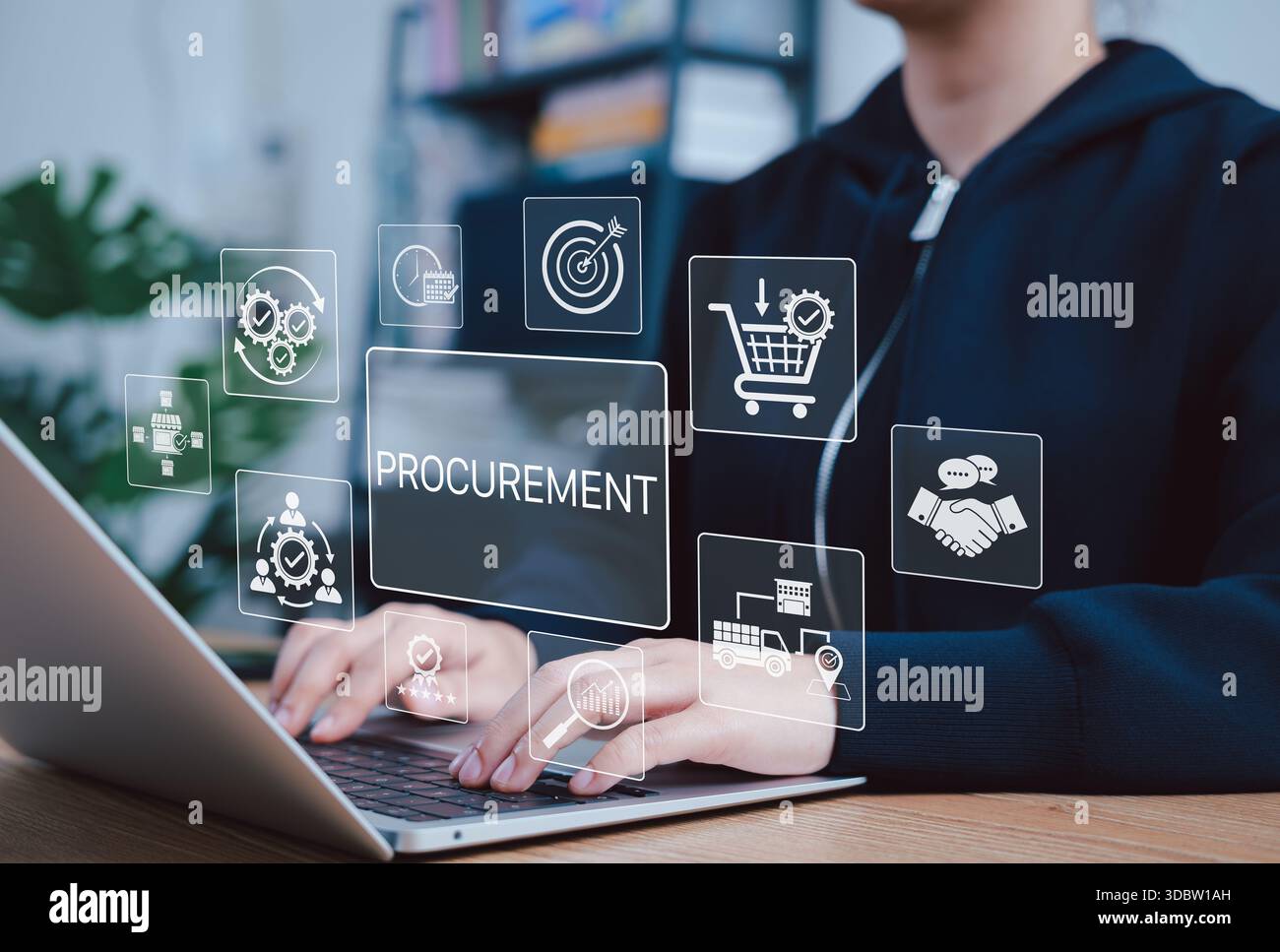 Système de gestion des achats pour l'efficacité de la chaîne d'approvisionnement. Personne utilisant un ordinateur portable avec des icônes d'approvisionnement, symbolisant les processus d'achat, la chaîne d'approvisionnement, Banque D'Images