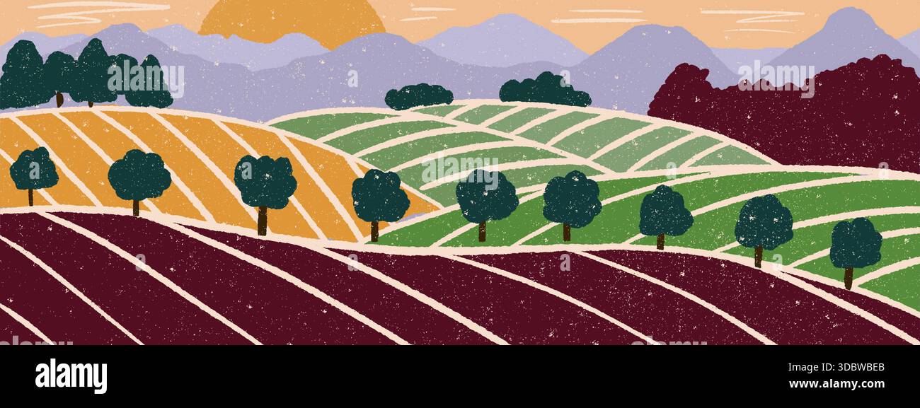 Motif viticole abstrait. Champs rayés, collines verdoyantes et montagnes avec texture de grain rustique. Paysage de campagne écologique Illustration de Vecteur