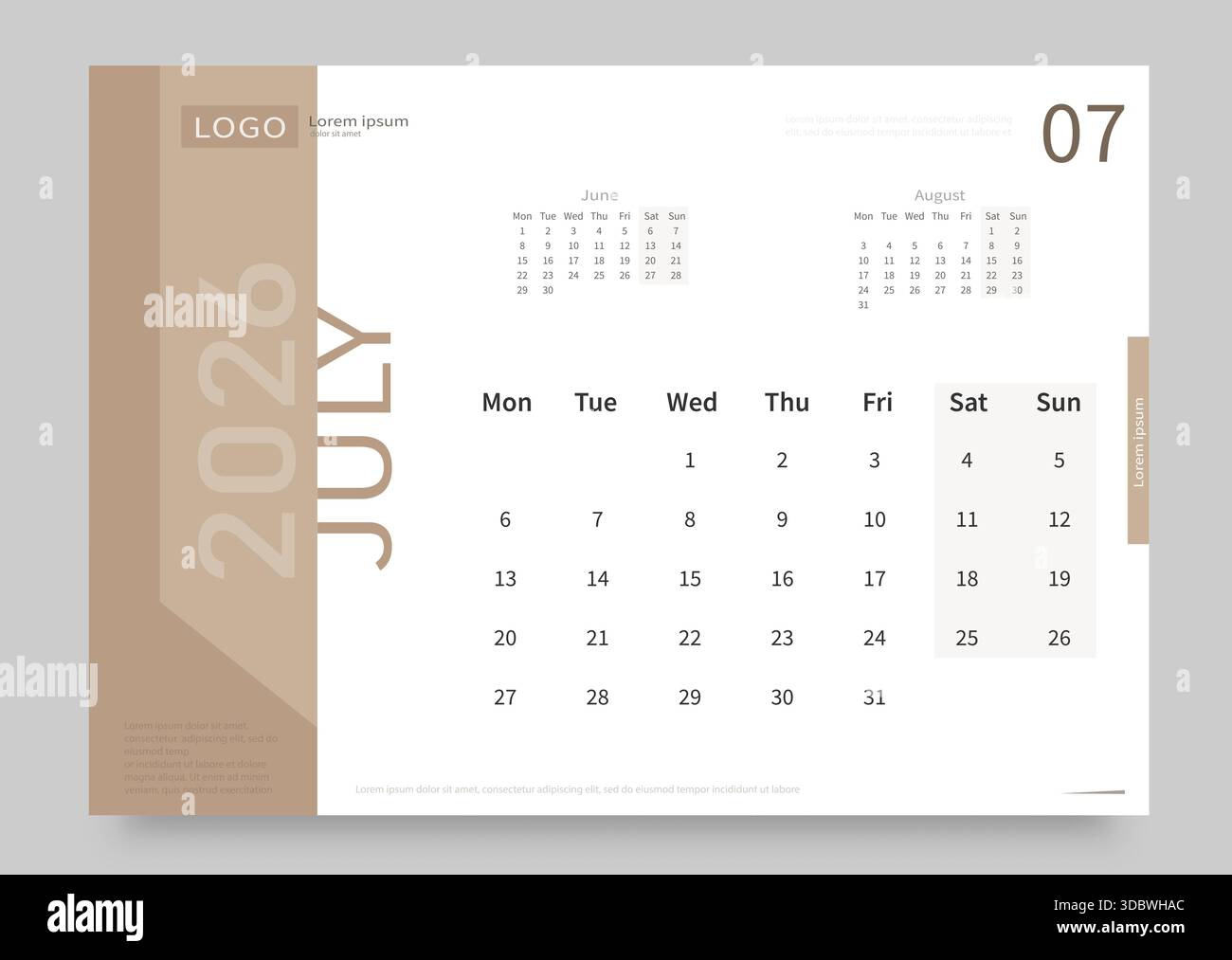 Le calendrier pour juillet 2026 est blanc et beige. La mise en page du calendrier pour juillet 2026 avec la date du début de la semaine le lundi. Illustration de Vecteur