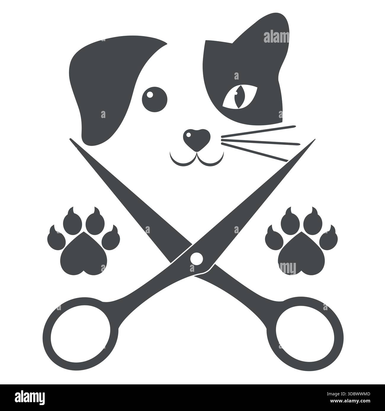 Chien et chat mignon avec des ciseaux et des pattes sur un fond blanc. Illustration de Vecteur