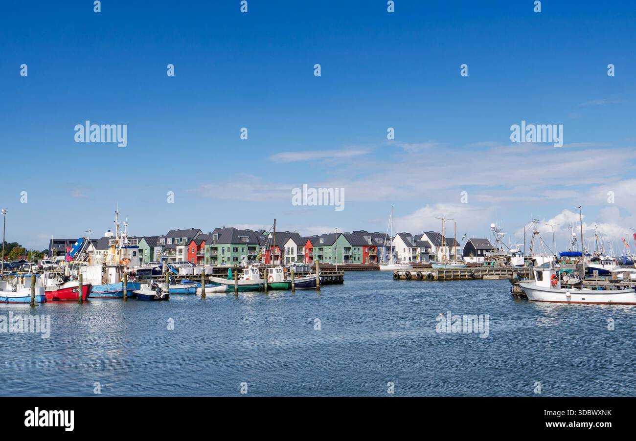 Petits bateaux de pêche dans le port de Kerteminde avec des maisons en bord de mer le long de Nordre Havnekaj en arrière-plan, Funen, Danemark du Sud Banque D'Images