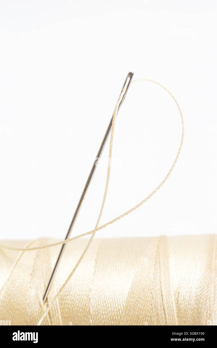 Gros plan de fil et aiguille à coudre sur fond blanc, minimaliste tailoring et concept d'artisanat Banque D'Images