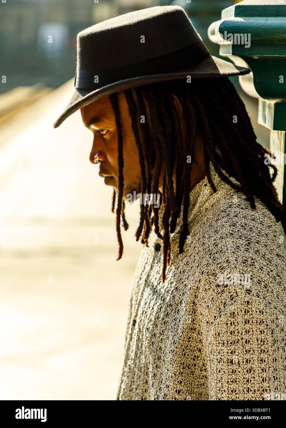 Un homme avec des dreadlocks portant un chapeau et un pull, appuyé contre une structure verte. Banque D'Images