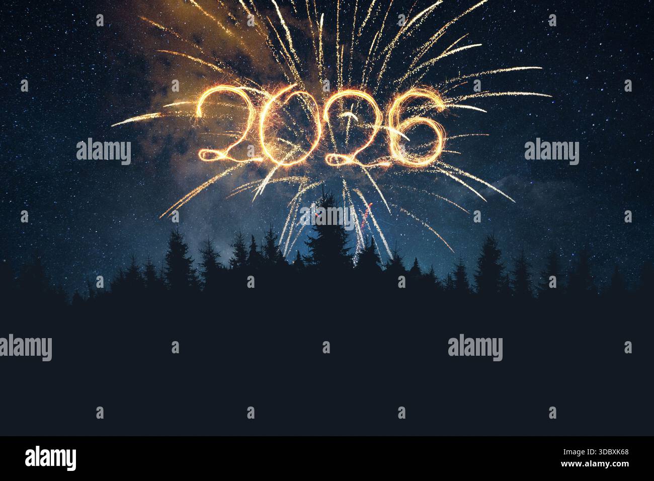 Bonne année 2026. Spectaculaire Golden Fireworks Display formant les numéros 2026 contre Un Deep Blue Starry Sky. Idéal pour les salutations saisonnières, Holid Banque D'Images