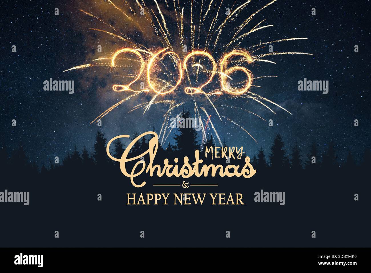 Les feux d'artifice brillants décrivent l'année au-dessus D'Une silhouette de forêt sombre et D'Un ciel étoilé. Design festif pour Noël et Un bon vœux de nouvel an Banque D'Images