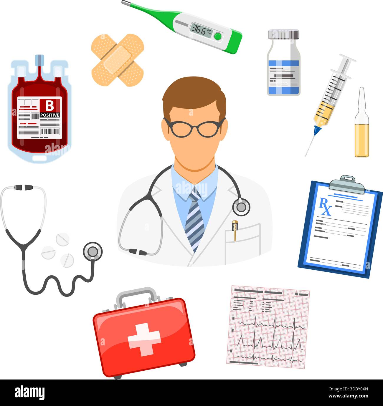 bannière médicale et de santé et infographie avec des icônes plates comme médecin, traitement de santé, transfusion sanguine, cardiogramme, prescription. évén. isolé Illustration de Vecteur