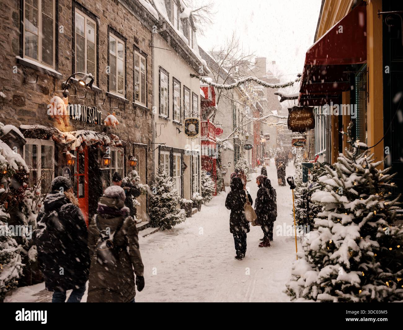 Le Vieux-Québec est carte postale en hiver avec des rues enneigées, des lumières festives et des marchés de Noël créent de la magie dans le Vieux-Québec historique, Canada. Banque D'Images