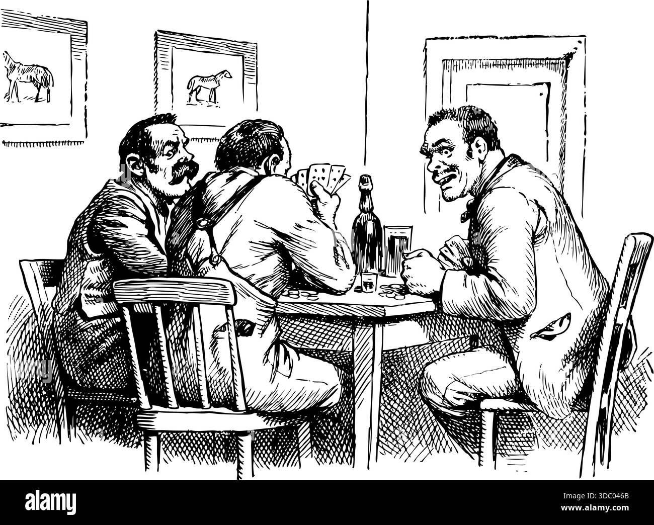 Hommes avec des cartes, jouant au poker ou à un jeu de cartes, assis à une table avec une bouteille dessus. vintage des années 1800 Illustration de Vecteur
