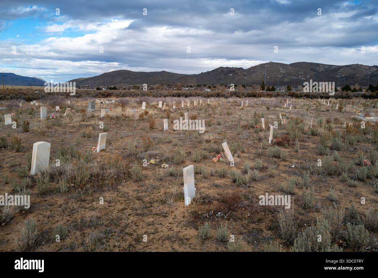 Une vue grand angle du cimetière de l'école indienne Stewart, montrant des marqueurs funéraires et le paysage environnant du Grand bassin sous un ciel nuageux. Banque D'Images