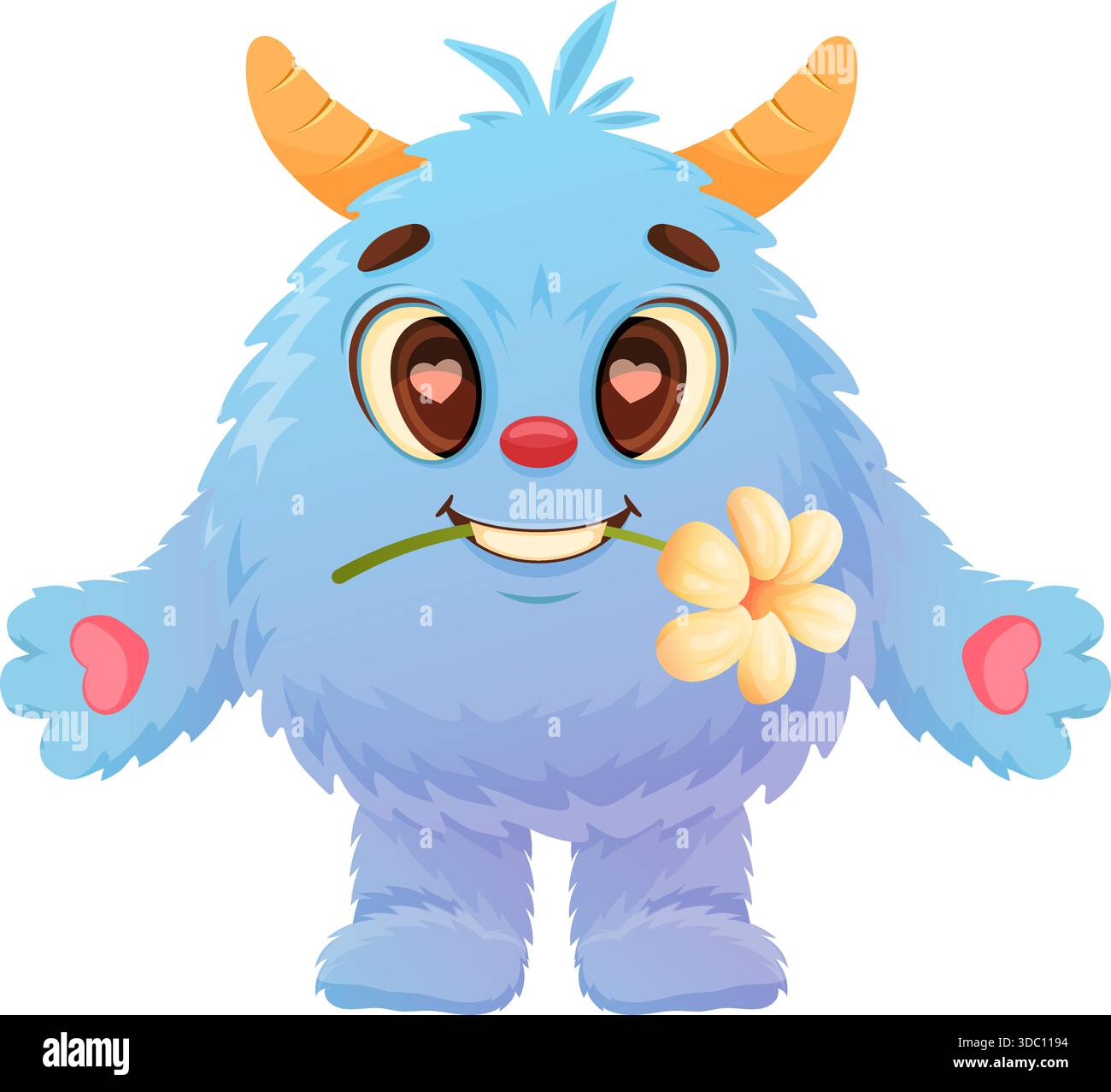 monstre bleu moelleux tenant une fleur jaune, fourrure douce avec des coussinets de pattes en forme de coeur, petites cornes courbées, grandes Illustration de Vecteur