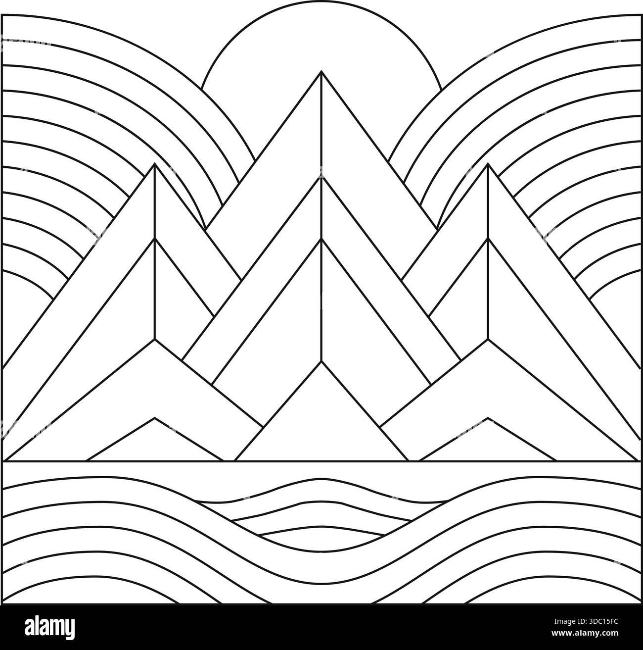 Paysage géométrique monochrome de montagnes s'élevant sous un soleil stylisé rendu avec des contours nets Illustration de Vecteur
