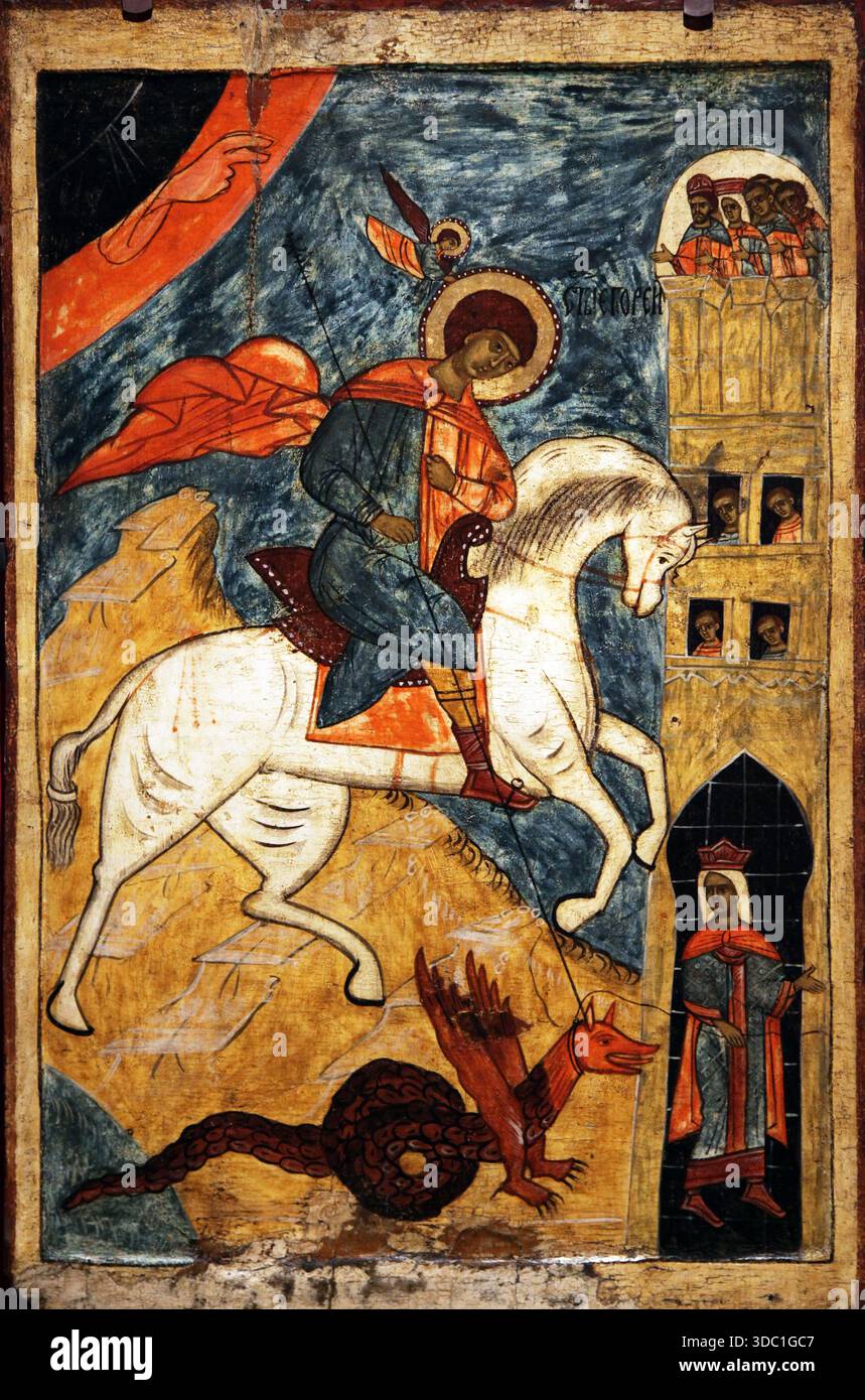 Le Miracle de Saint Georges et du Dragon, icône russe du début du XVIe siècle de Vologda. Tempera sur bois représentant Saint Georges sur un cheval blanc tuant le dragon, symbolisant la victoire du bien sur le mal dans la tradition orthodoxe orientale. Banque D'Images