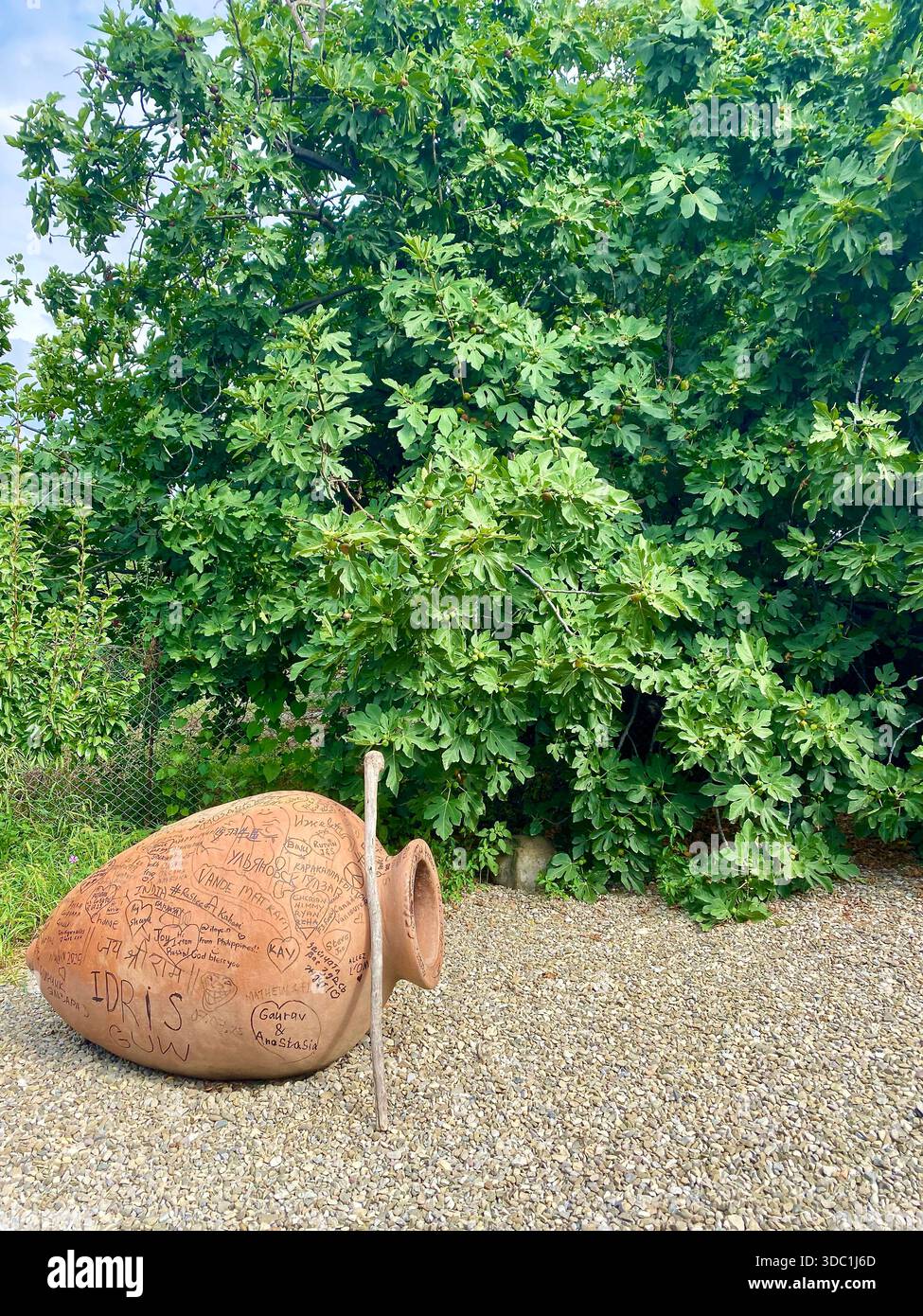 Un pot d'amphore rustique assis à côté d'un vieux bâton de marche dans un jardin vert traditionnel dans le pays de Géorgie. Banque D'Images