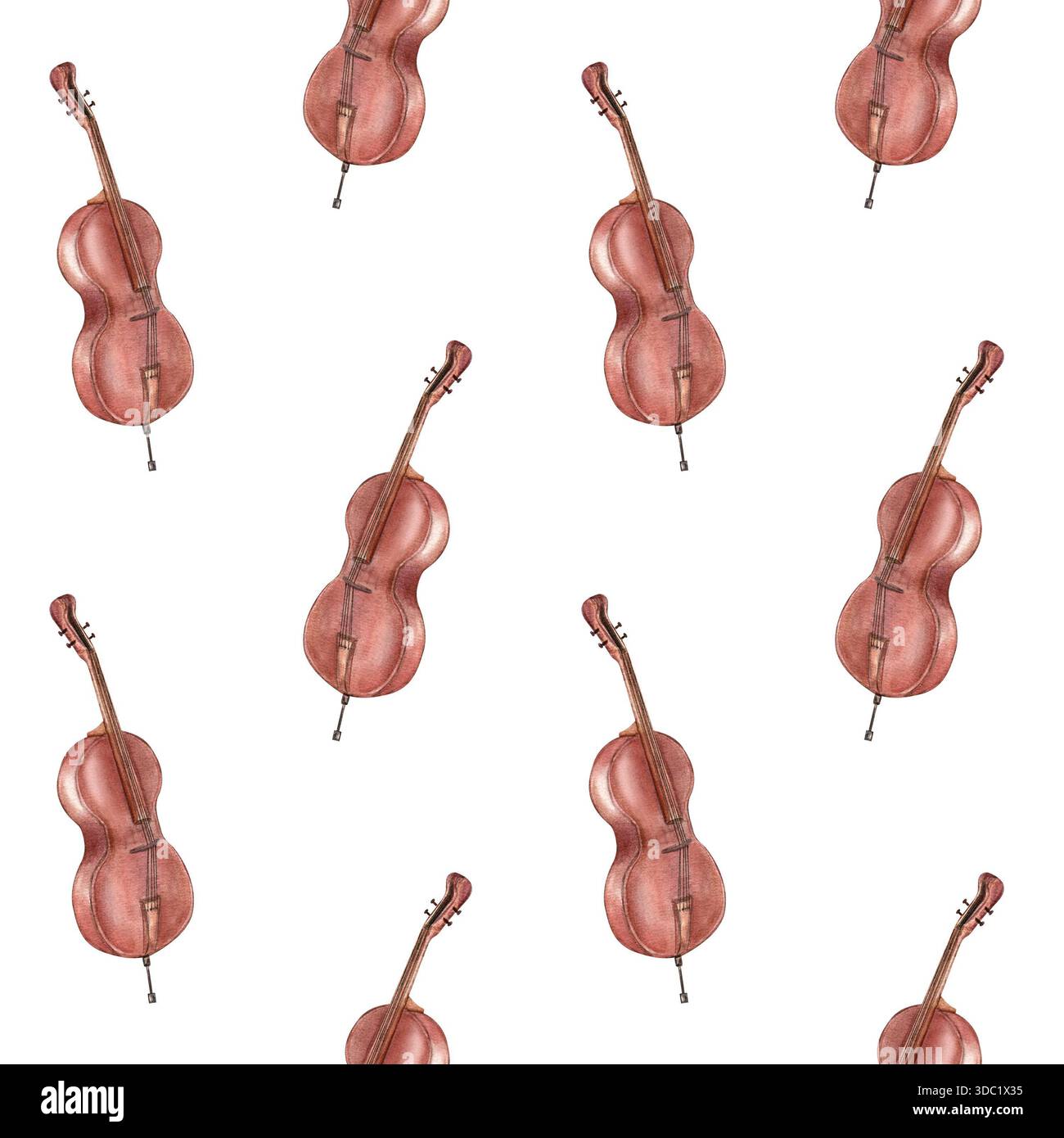 Aquarelle contrebasse marron en bois avec cordes et illustration de stand arrière-plan isolé. Instrument de musique classique de contrebasse arqué. Banque D'Images