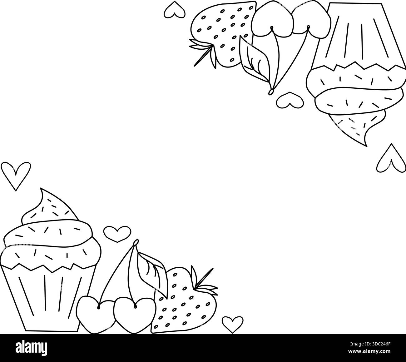 Cupcakes et muffins à la cerise et à la fraise cadre rectangle Saint-Valentin. Illustration en noir et blanc de la ligne graphique vectorielle. Graphique de cadre de boulangerie Illustration de Vecteur