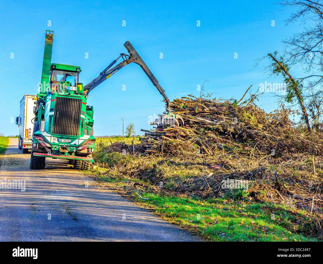 Déchiqueteuse automotrice diamant 2000 tout-terrain remplissant un camion avec des copeaux de bois pour les systèmes de chauffage industriels - centre de la France. Banque D'Images