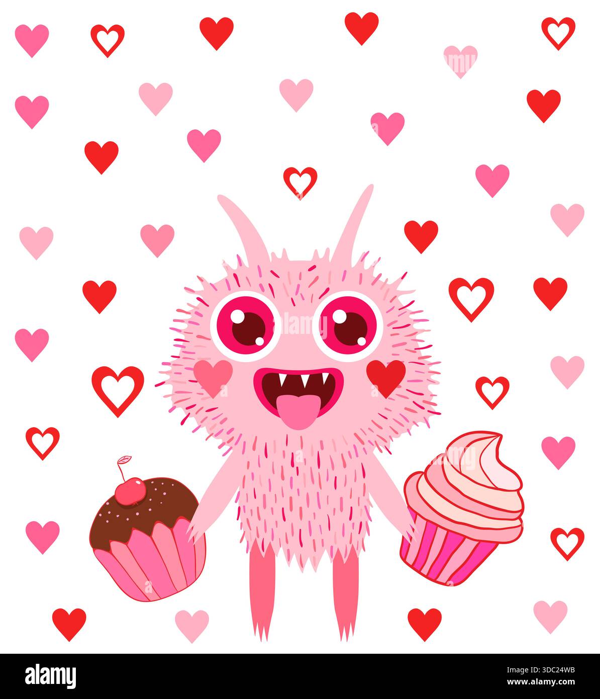 Folle vecteur rose stupide monstre Saint-Valentin avec des cornes, bouche ouverte, dents et langue, tenant des gâteaux Illustration de Vecteur