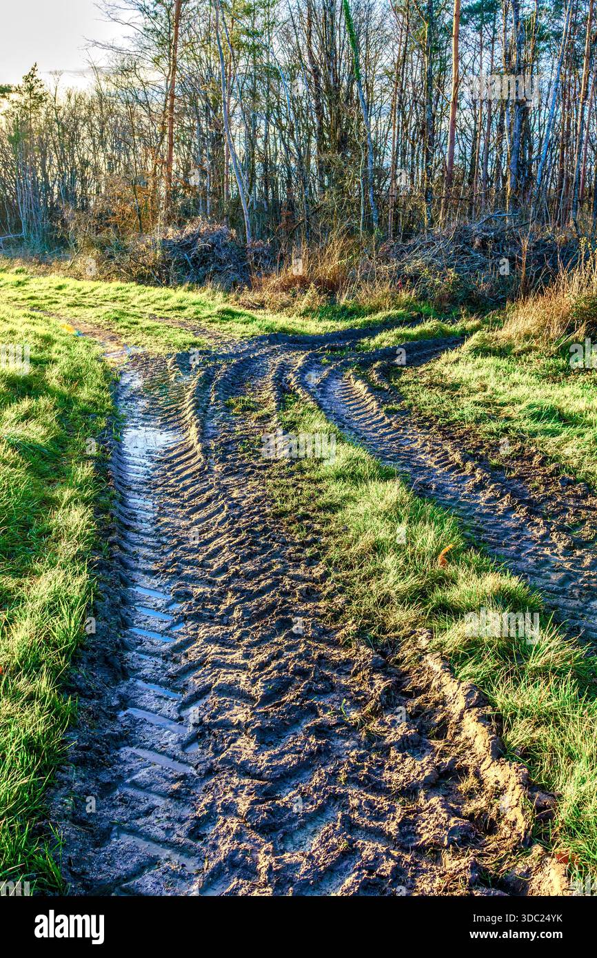 Chenilles boueuses de pneus de tracteur - centre de la France. Banque D'Images