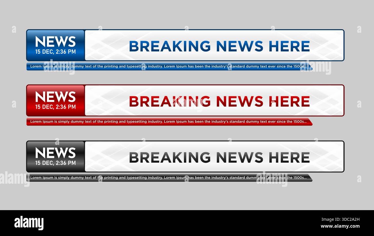 Les dernières nouvelles des modèles de barre du tiers inférieur, les nouvelles sportives à la télévision, la vidéo et les médias en ligne. Vecteur de bannière de troisième inférieur de Newscast. Illustration de Vecteur