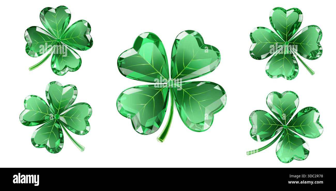 L'illustration présente des trèfles à quatre feuilles verts ressemblant à des bijoux sur fond blanc, mettant en valeur des tailles variables et des surfaces réfléchissantes. Illustration de Vecteur