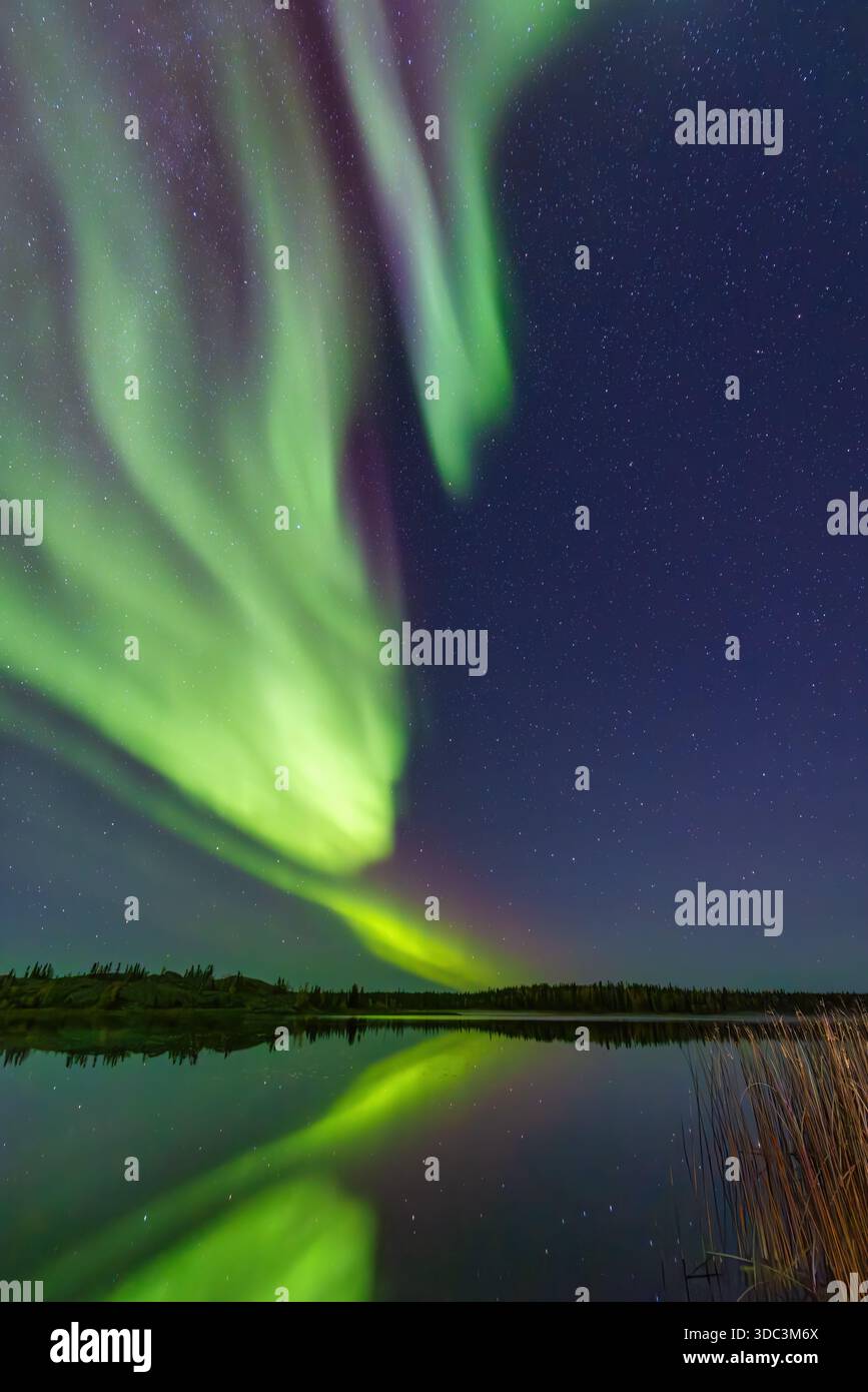 Yellowknife, Canada - 23 septembre 2025 : lumières du nord avec un lac en arrière-plan Banque D'Images