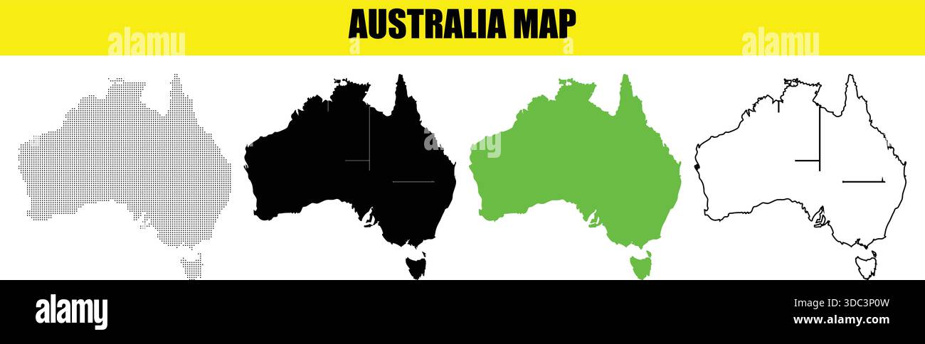 Collection de quatre cartes du continent australien dans différents styles, y compris des pointillés noir vert vif Uni et des dessins au trait simples avec d interne Illustration de Vecteur