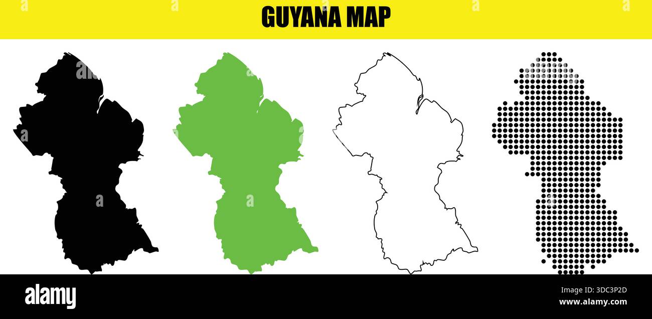 Carte Guyane, quatre styles différents, noir, vert, contour, pointillés, illustration vectorielle, formes géographiques, frontières de pays Illustration de Vecteur