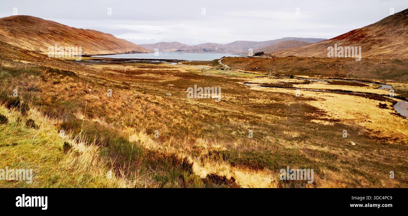 La lumière automnale baigne sur les Highlands écossais, où les tons bruyants de bruyère rencontrent les rivières et les lochs sinueux, révélant la richesse brute et intemporelle de la nature Banque D'Images