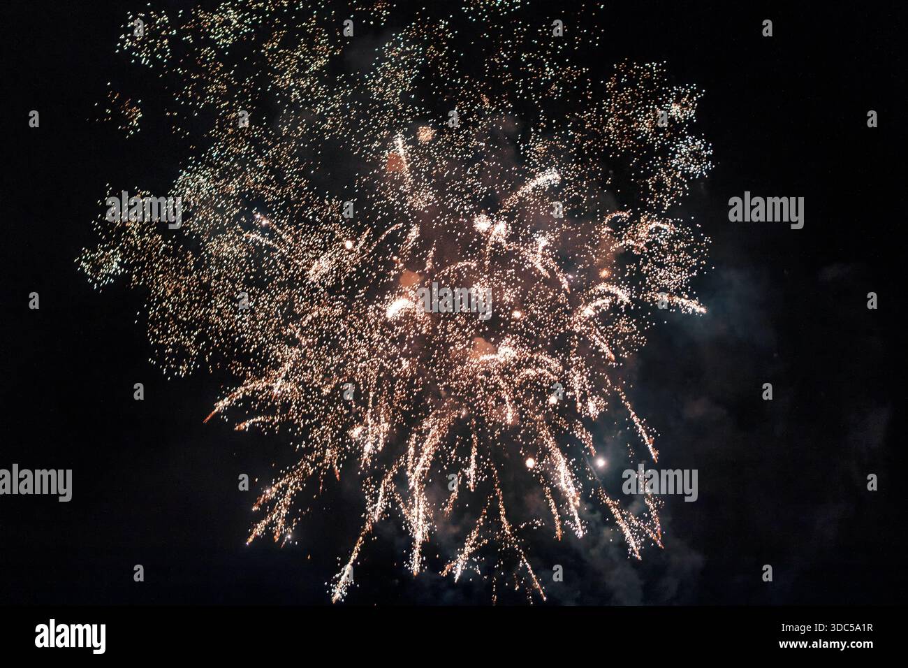 Des feux d'artifice dorés explosent à travers le ciel nocturne, dispersant des pistes rayonnantes et des étincelles scintillantes dans une célébration éblouissante. Fond sombre amélioré Banque D'Images