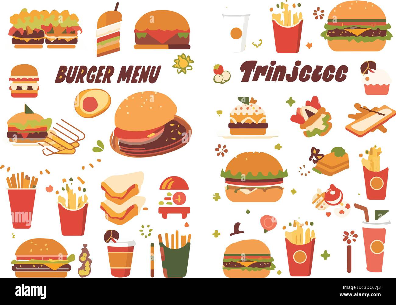 Icônes colorées du menu fast food avec hamburgers, frites et boissons Illustration de Vecteur