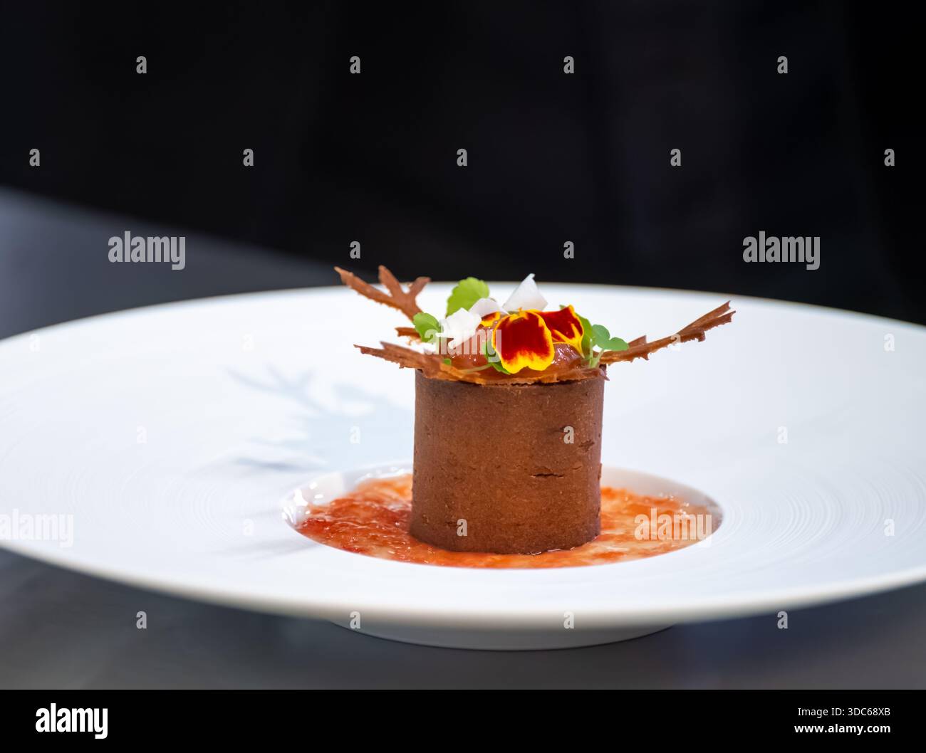 Dégustation spéciale pour les visiteurs, association de nourriture avec un verre de vin de champagne, plats délicieux préparés par des chefs cuisiniers renommés à la nourriture d'hiver et Banque D'Images