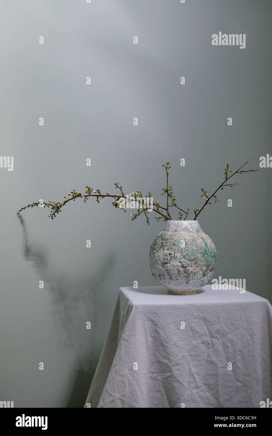 Composition minimaliste avec des branches de printemps florissantes disposées dans un vase en céramique texturé sur une nappe de lin blanc contre un mur vert sauge. Stil élégant Banque D'Images