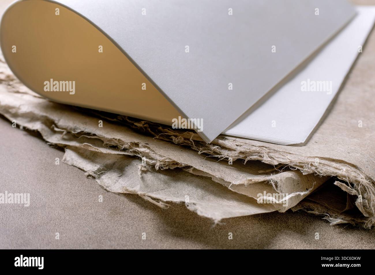 Gros plan riz blanc et feuilles de papier mûrier placées sur fond de papier texturé fait à la main. Composition d'espace de travail en matériaux naturels. Fournitures artistiques pour Banque D'Images