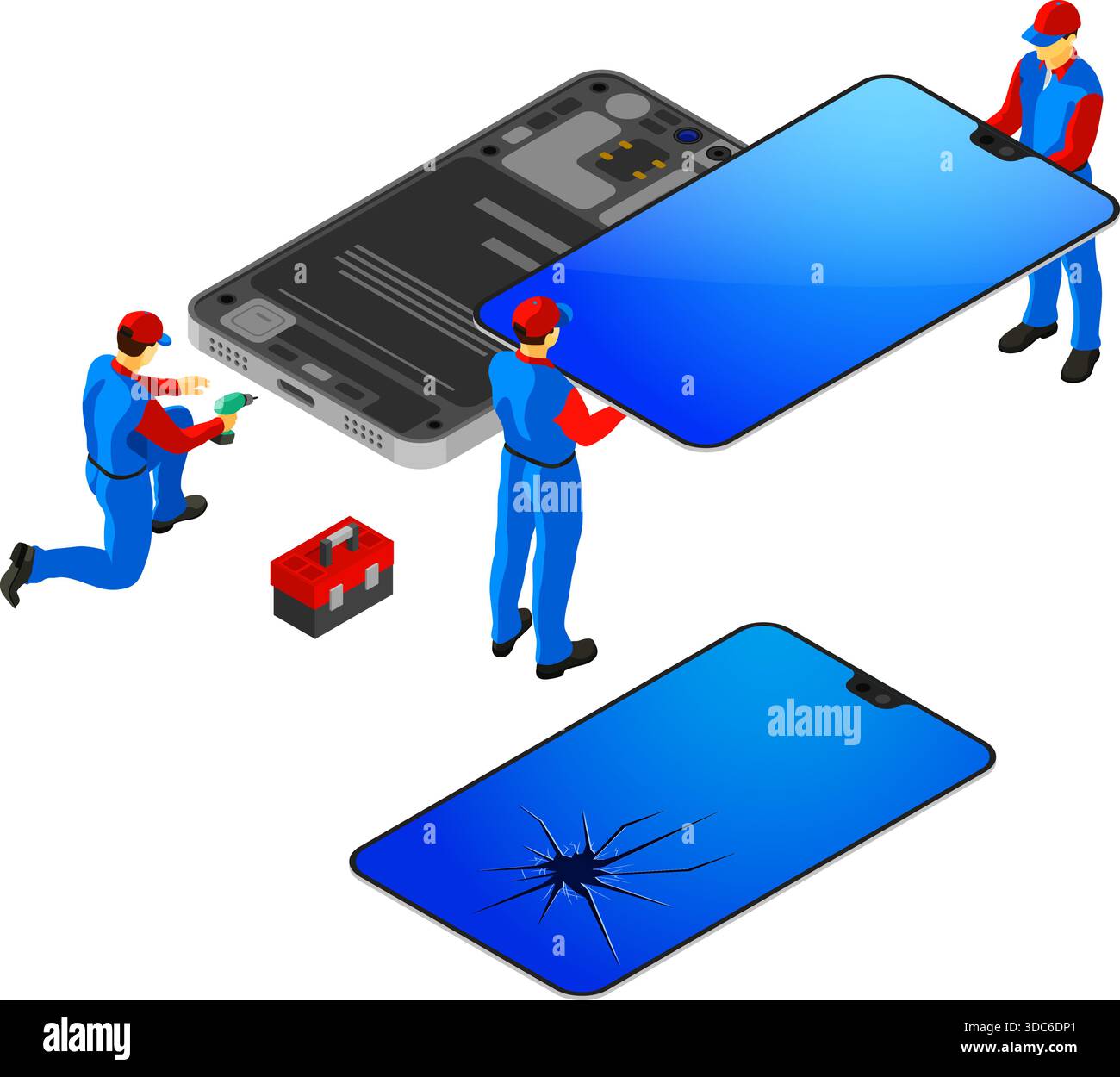 Service de réparation de téléphone portable. Les personnes isométriques en uniforme réparent l'écran de smartphone cassé. assistance internet en ligne. modèle de page d'arrivée. vec. isolé Illustration de Vecteur