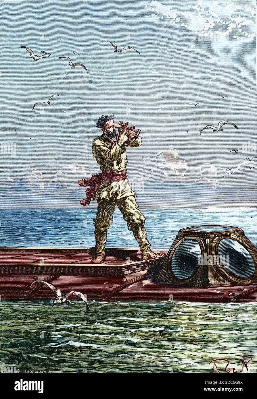 Capitaine Nemo au sommet du Nautilus, extrait de '20000 lieues sous la mer' de Jules Verne (1828-1905) gravé d'après Henri Theophile Hildibrand (1824-187)20000 lieues sous les mers. Le Capitaine Nemo sur le sous marin 'Nautilus'. Illustration tirée du roman de Jules Verne 'vingt mille lieues sous les mers' (vingt-mille - 20 000 - 20000) Banque D'Images