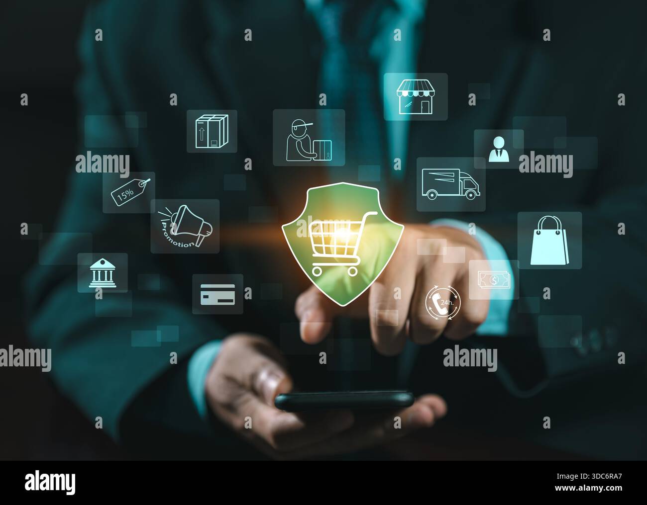 Marketing numérique et financier. Appuyer sur le panier pendant les achats en ligne. Les fournisseurs de marketing offrent des réductions, la livraison gratuite et la livraison 24 heures a d Banque D'Images