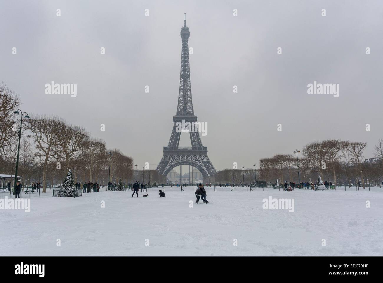 Paris, France, foule, profiter, enfants jouant dans la neige, paysage d'hiver, Parc urbain, (champs de mars) Banque D'Images